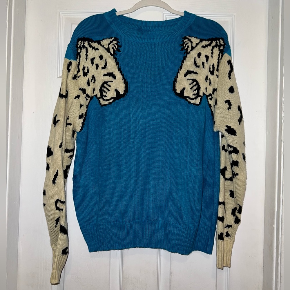 Teal Knit Sweater With Leopard Arms